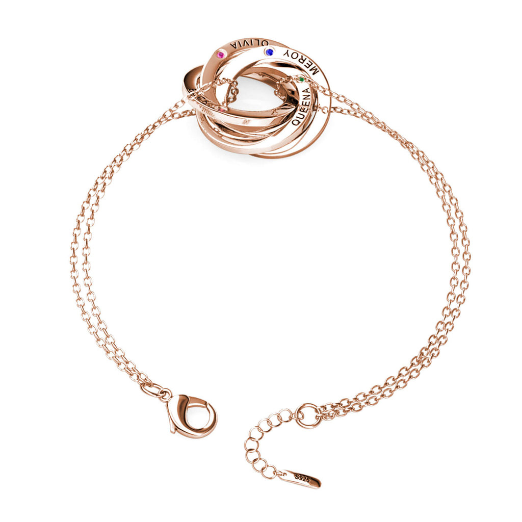 Personalised Engraved Russian 4 Ring Bracelet with 4 Birthstones Rose Gold