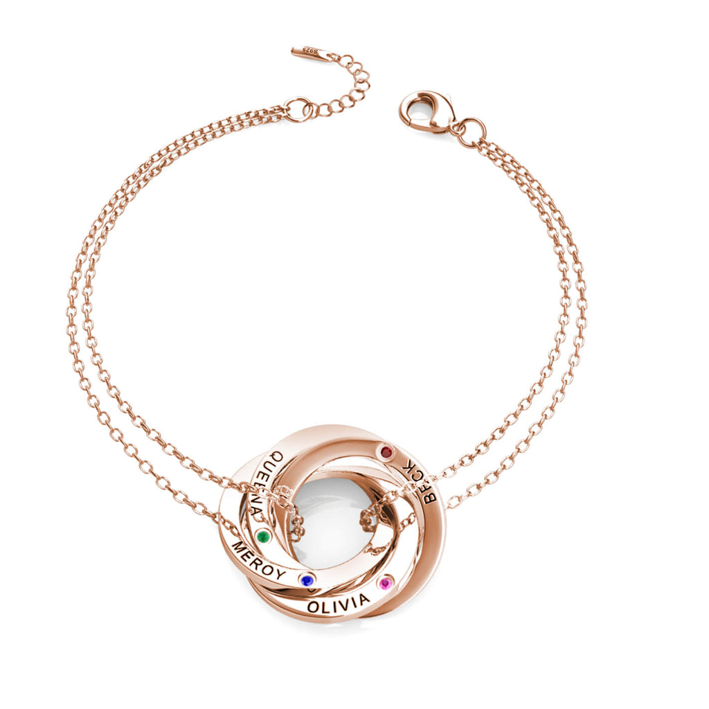 Personalised Engraved Russian 4 Ring Bracelet with 4 Birthstones Rose Gold