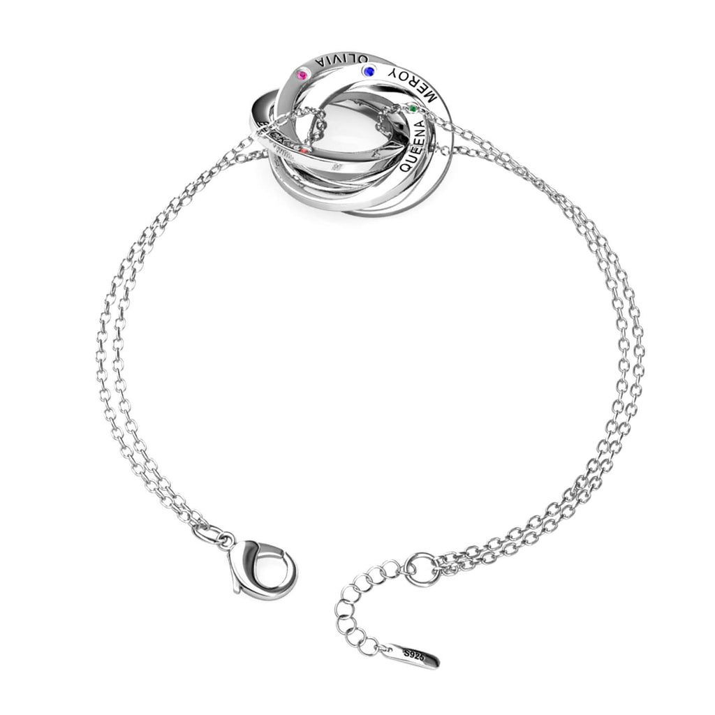 Personalised Engraved Russian 4 Ring Bracelet with 4 Birthstones Sterling Silver
