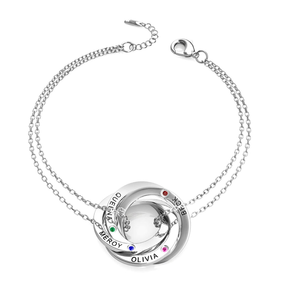 Personalised Engraved Russian 4 Ring Bracelet with 4 Birthstones Sterling Silver