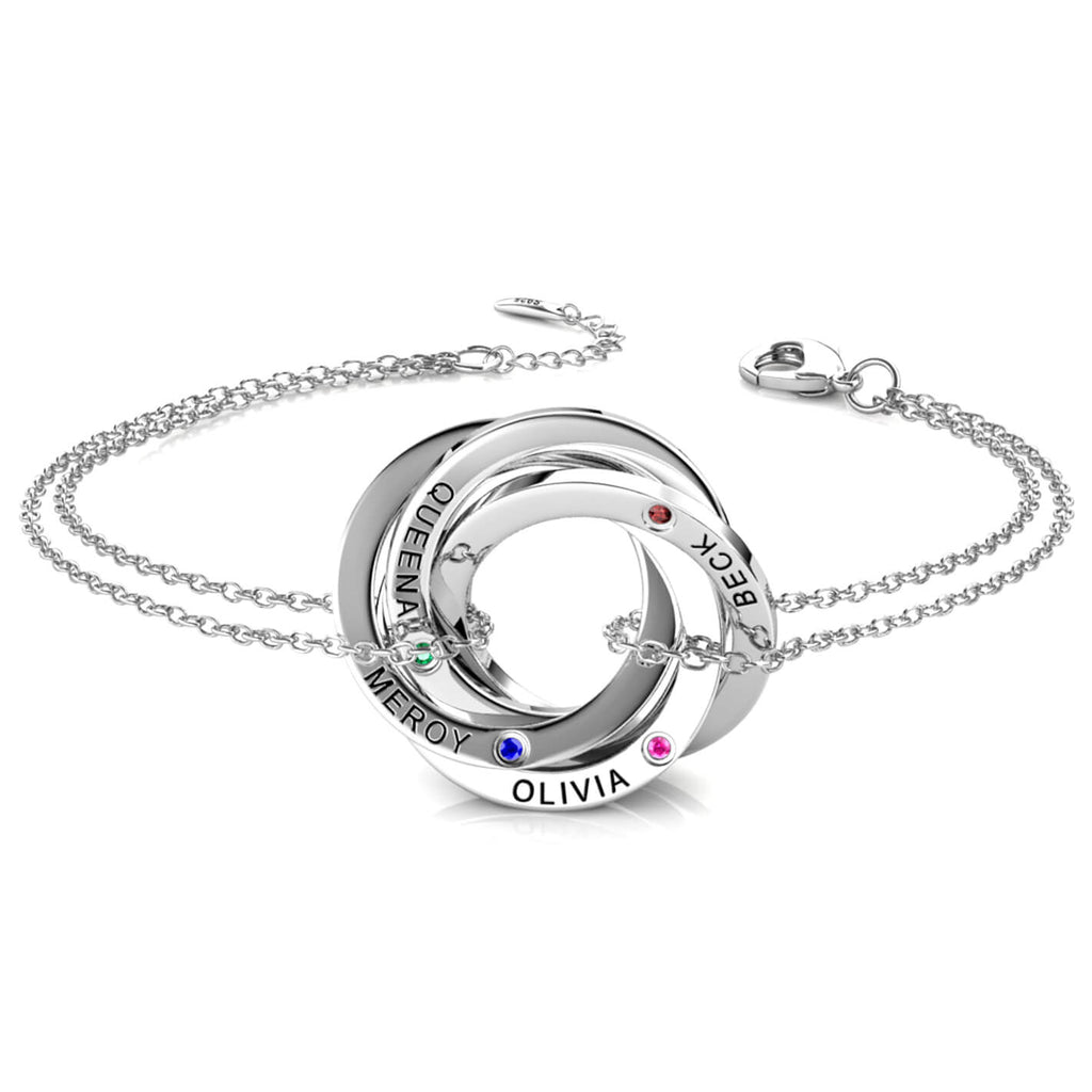 Personalised Engraved Russian 4 Ring Bracelet with 4 Birthstones Sterling Silver