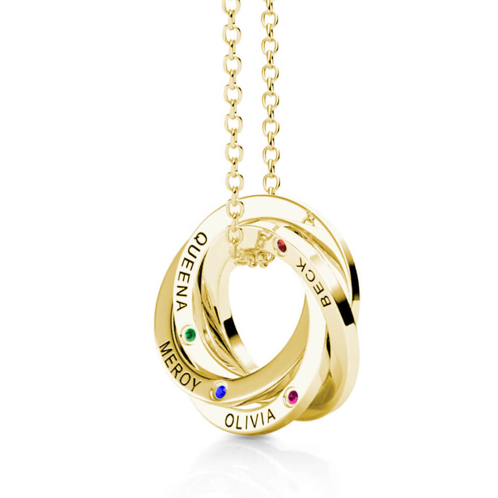 Personalised Russian 4 Ring Necklace with Names and Birthstones Gold