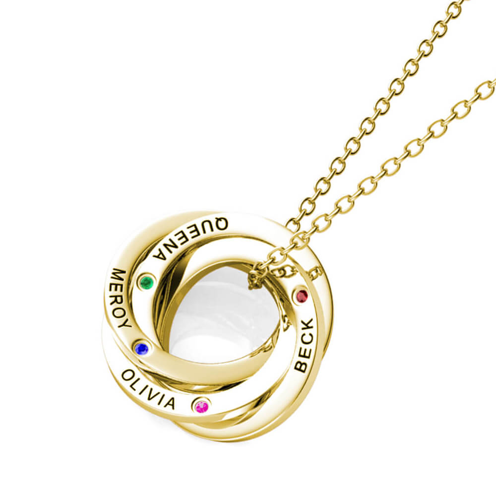 Personalised Russian 4 Ring Necklace with Names and Birthstones Gold