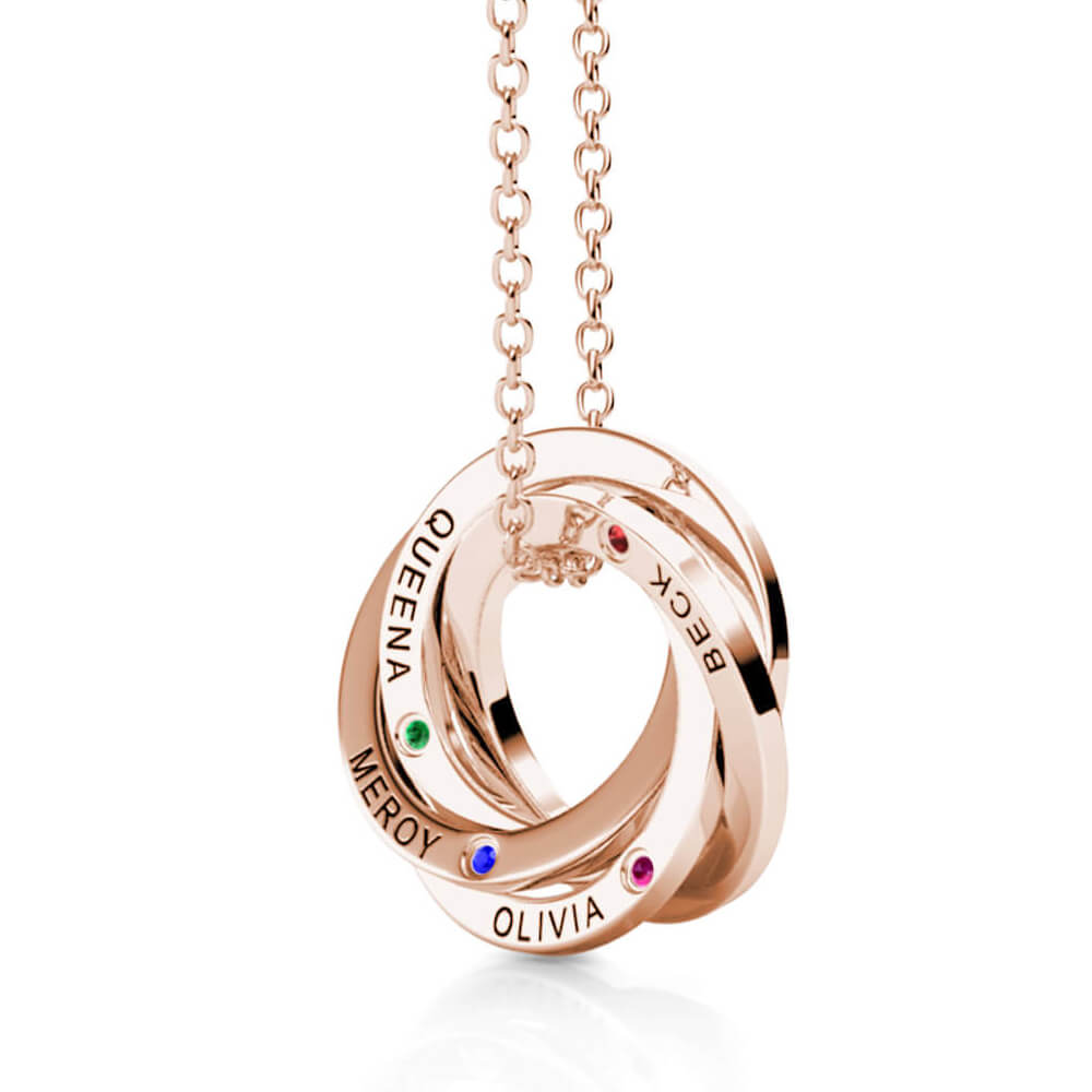 Personalised Russian 4 Ring Necklace with Names and Birthstones Rose Gold