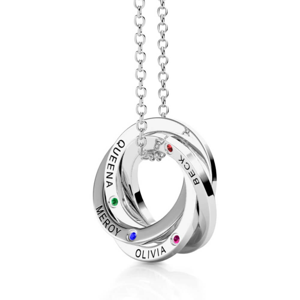 Personalised Russian 4 Ring Necklace with Names and Birthstones