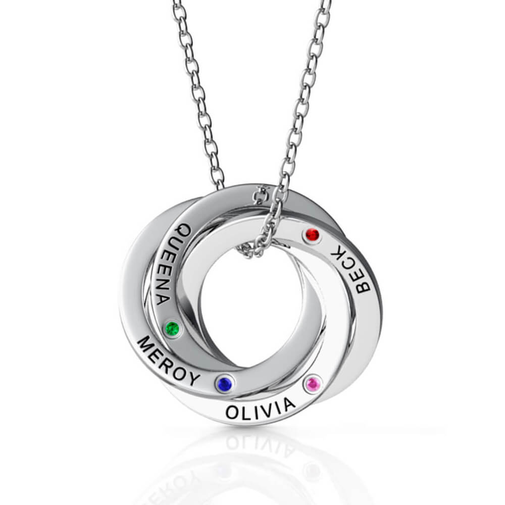 Personalised Russian 4 Ring Necklace with Names and Birthstones
