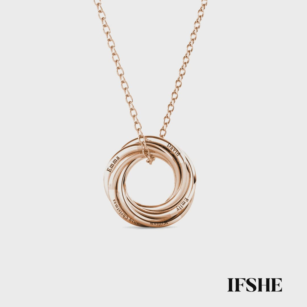 Personalised Russian 5 Ring Necklace with Engraved Names Rose Gold
