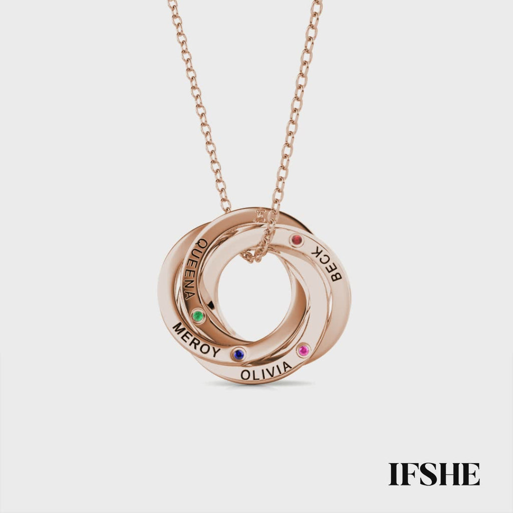 Personalised Russian 4 Ring Necklace with Names and Birthstones Rose Gold