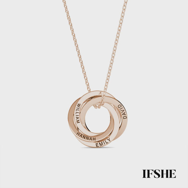 Personalised Russian 4 Ring Necklace with Engraved 4 Names Rose Gold