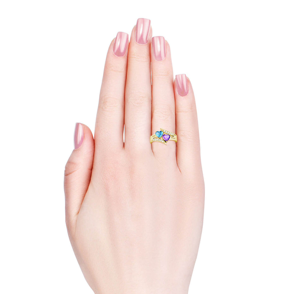 Two Heart Personalised Birthstones Ring with Engraved Names Yellow Gold