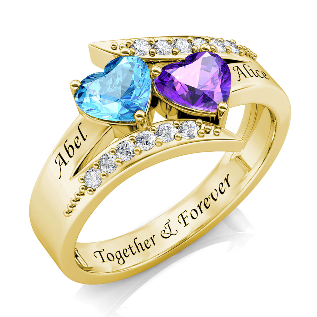 Two Heart Personalised Birthstones Ring with Engraved Names Yellow Gold