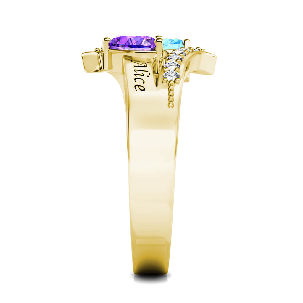 Two Heart Personalised Birthstones Ring with Engraved Names Yellow Gold