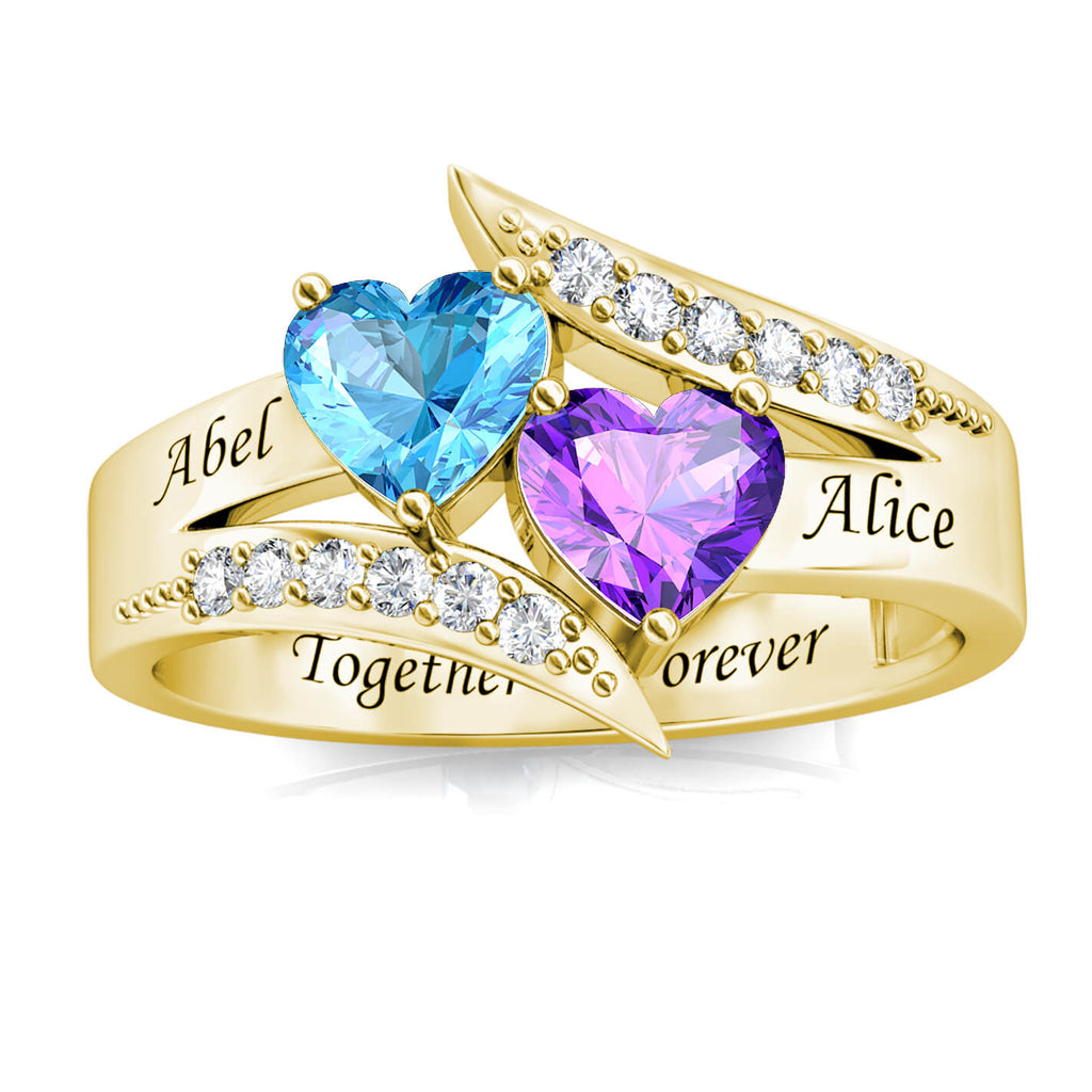 Two Heart Personalised Birthstones Ring with Engraved Names Yellow Gold