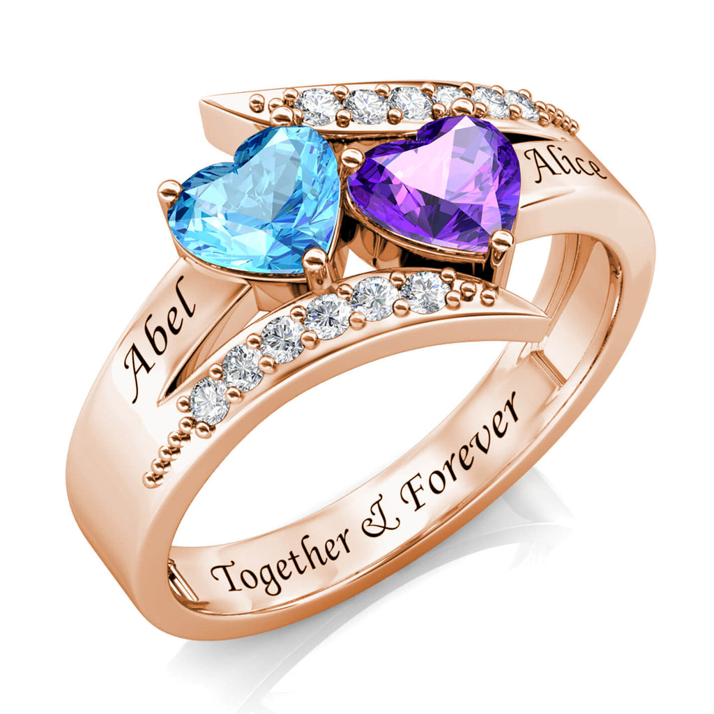 Two Heart Personalised Birthstones Ring with Engraved Names Rose Gold