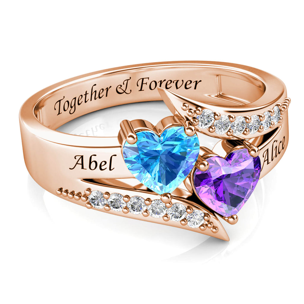 Two Heart Personalised Birthstones Ring with Engraved Names Rose Gold