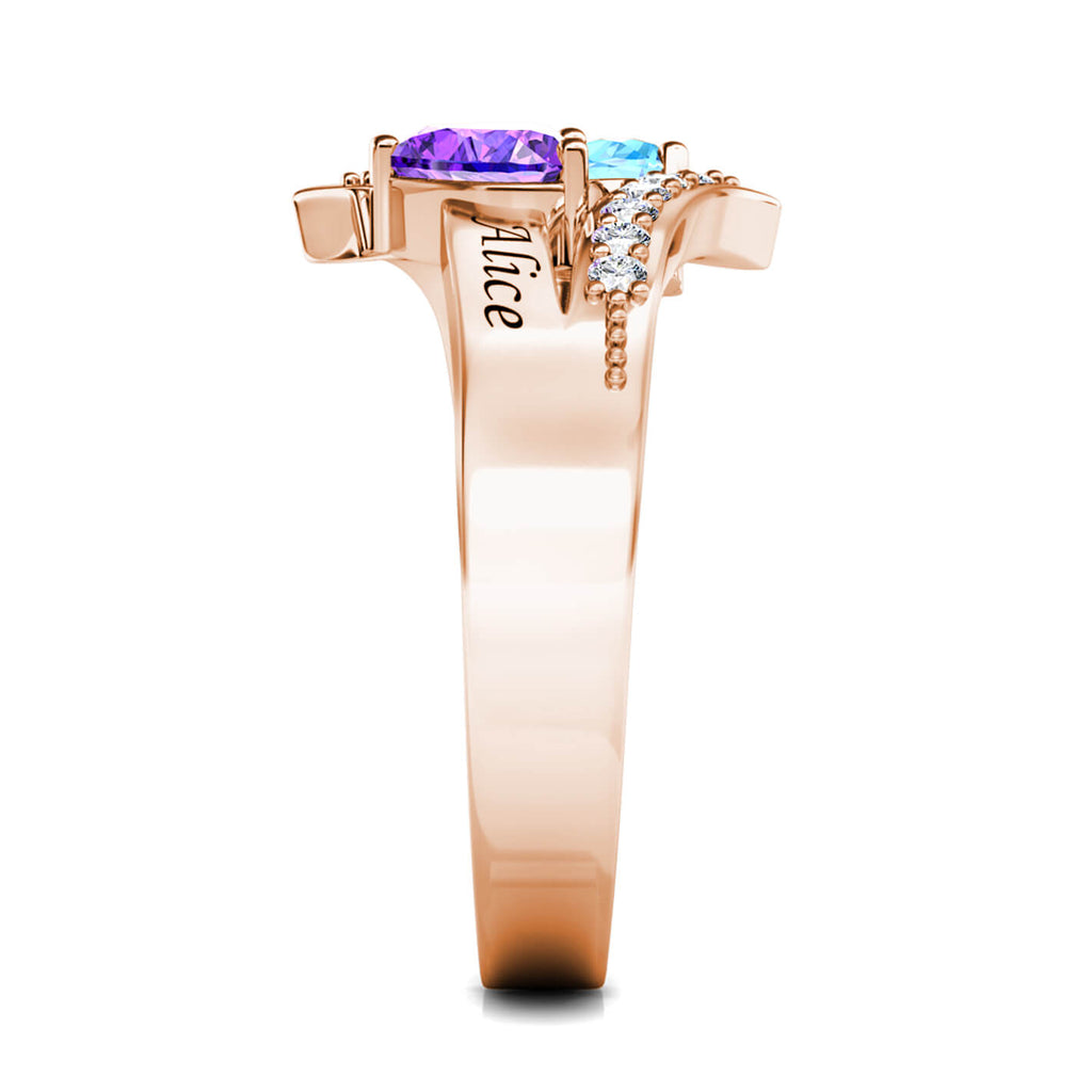 Two Heart Personalised Birthstones Ring with Engraved Names Rose Gold