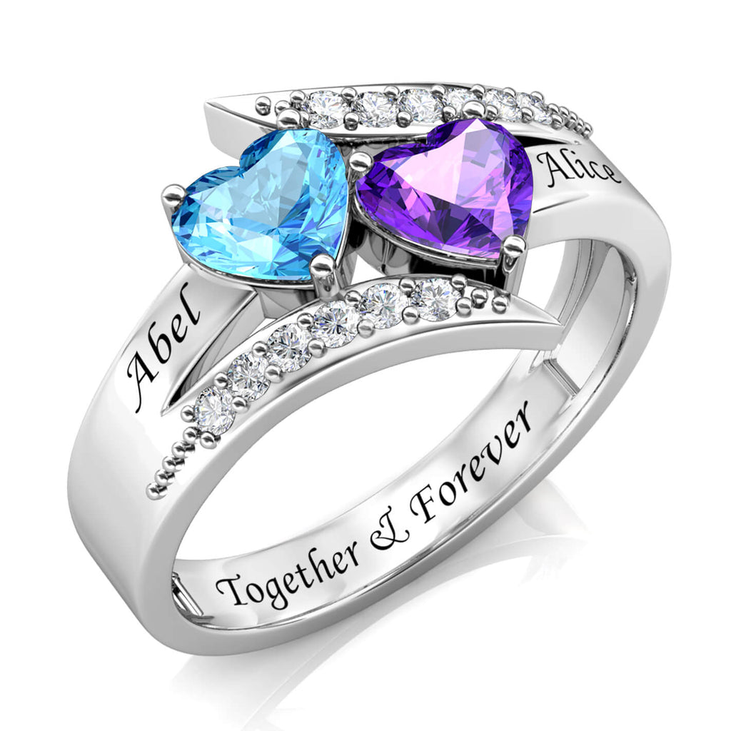 Two Heart Personalised Birthstones Ring with Engraved Names Sterling Silver