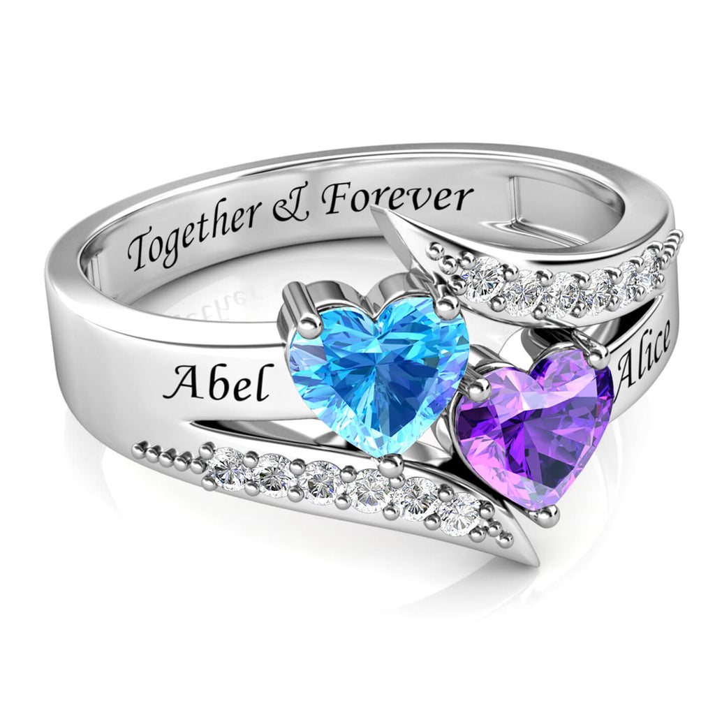 Two Heart Personalised Birthstones Ring with Engraved Names Sterling Silver