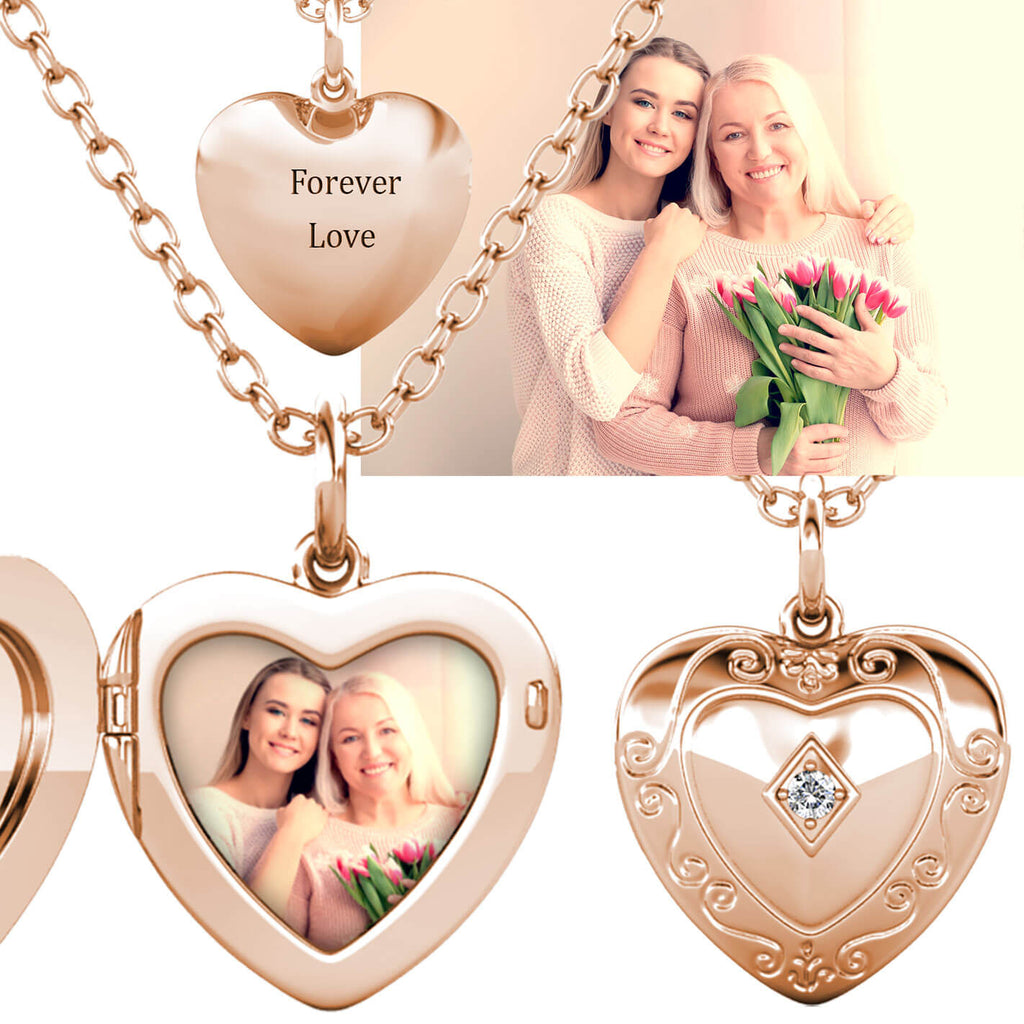 Personalised Photo Heart Locket Necklace with Birthstone Rose Gold