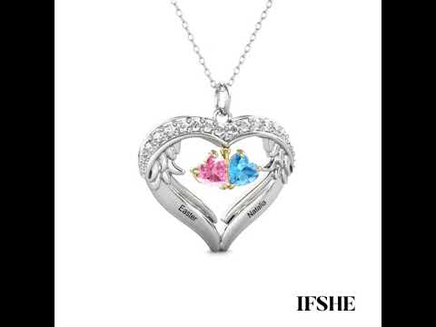Heart Shaped Personalised Necklace with Two Heart Birthstones and Two Engraved Names