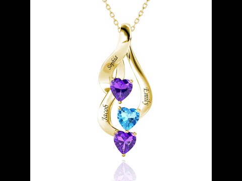 Personalised Necklace with Three Heart Shaped Birthstones and Three Engraved Names