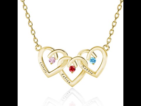 Personalised Three Heart Shaped Pendant Necklace with Three Birthstones and Three Engraved Names