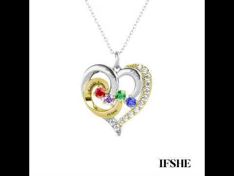 Heart Shaped Personalised Necklace with Four Birthstones and Four Engraved Names