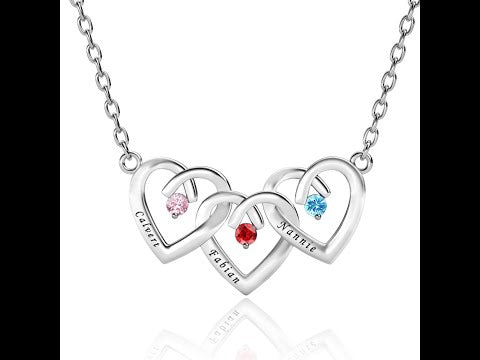 Silver Personalised Three Heart Shaped Pendant Necklace with Three Birthstones and Three Engraved Names