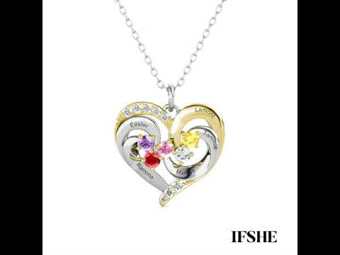 Personalised Heart Shaped Five Names Necklace with Five Birthstones Sterling Silver