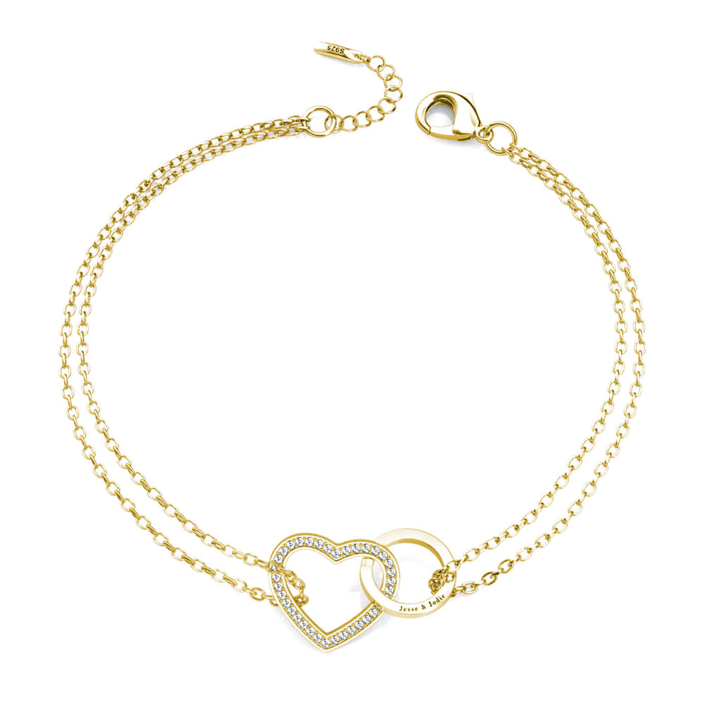 Personalised Engraved Interlocking Heart Bracelet Sterling Silver Gold