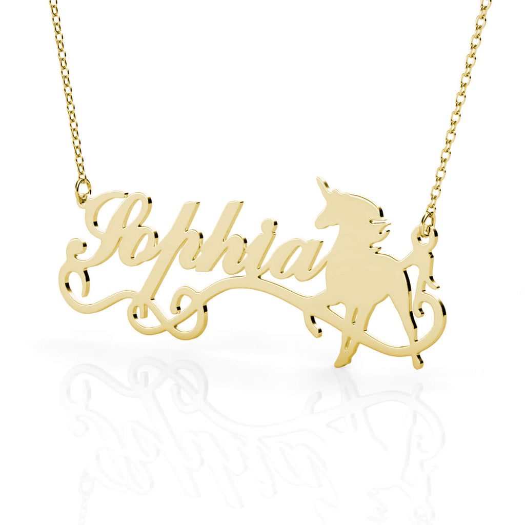 Personalised Unicorn Name Necklace Sterling Silver Yellow Gold