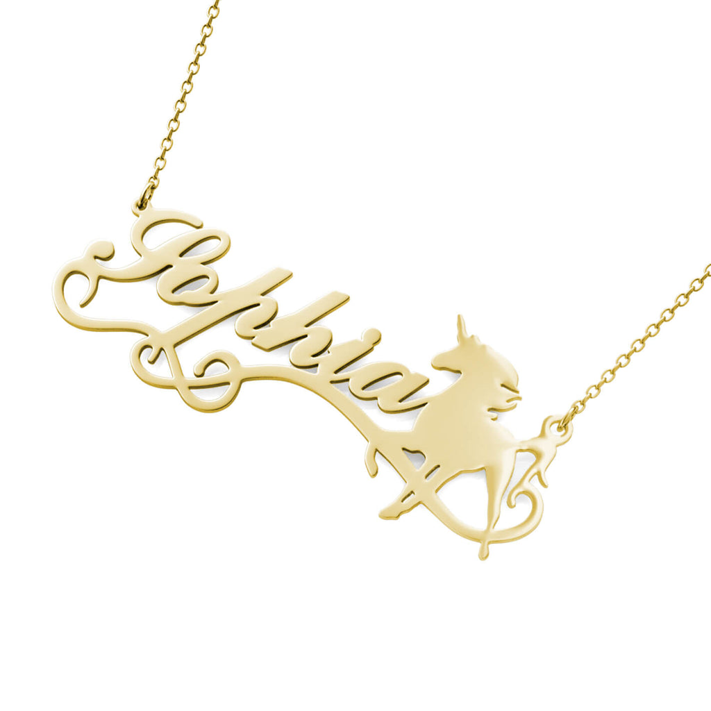 Personalised Unicorn Name Necklace Sterling Silver Yellow Gold