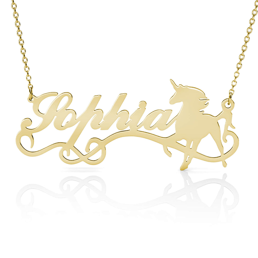 Personalised Unicorn Name Necklace Sterling Silver Yellow Gold