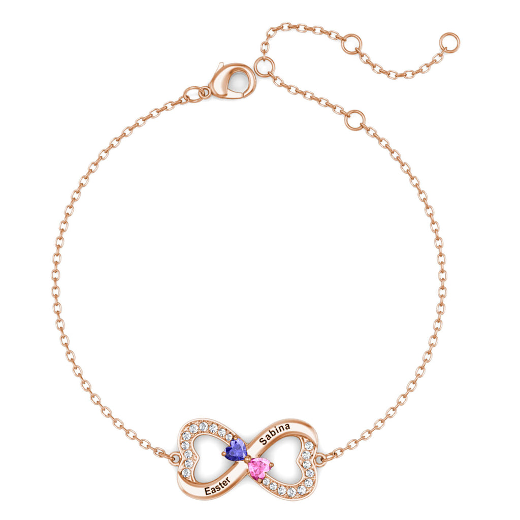 Personalised Engraved Infinity Two Birthstones Bracelet Sterling Silver Rose Gold