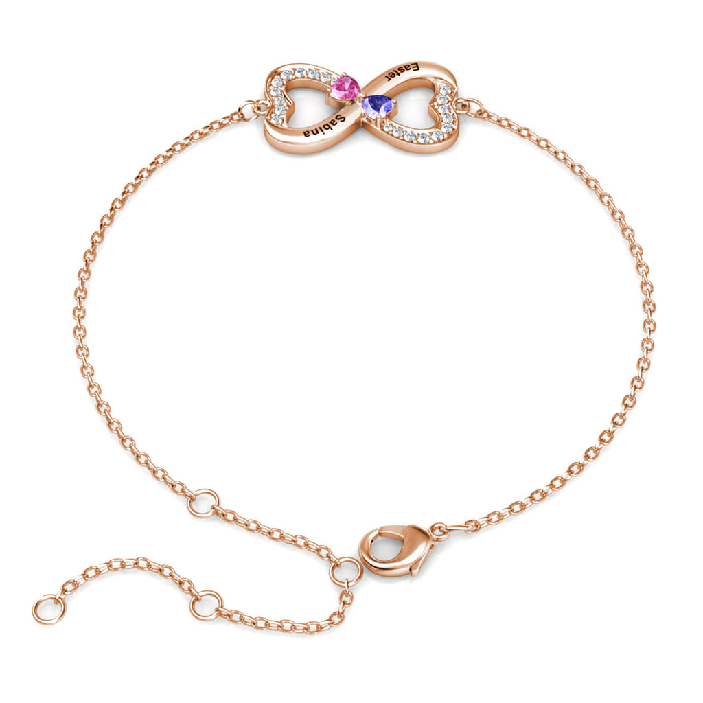 Personalised Engraved Infinity Two Birthstones Bracelet Sterling Silver Rose Gold