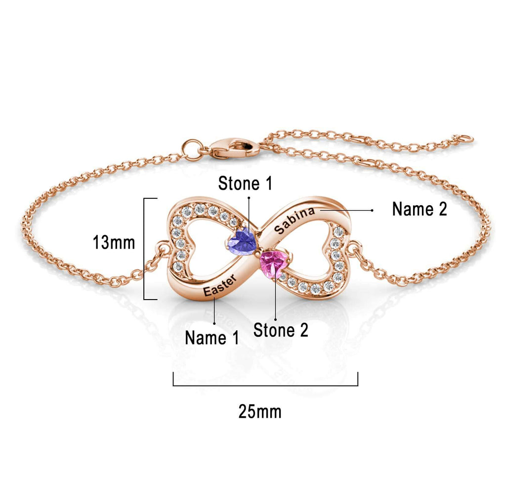 Personalised Engraved Infinity Two Birthstones Bracelet Sterling Silver Rose Gold