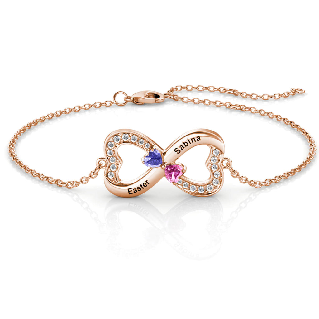 Personalised Engraved Infinity Two Birthstones Bracelet Sterling Silver Rose Gold