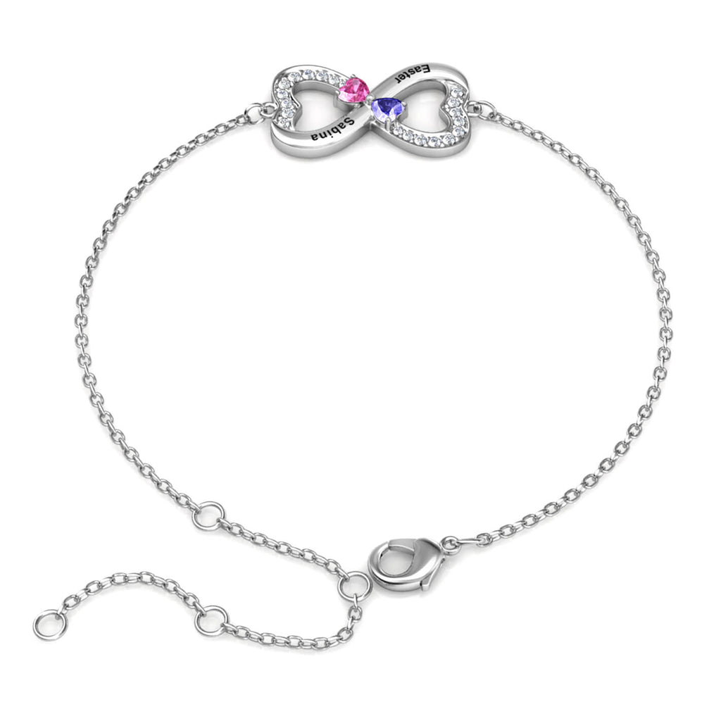 Personalised Engraved Infinity Two Birthstones Bracelet Sterling Silver