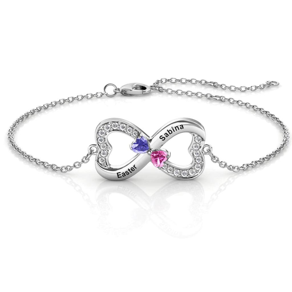 Personalised Engraved Infinity Two Birthstones Bracelet Sterling Silver