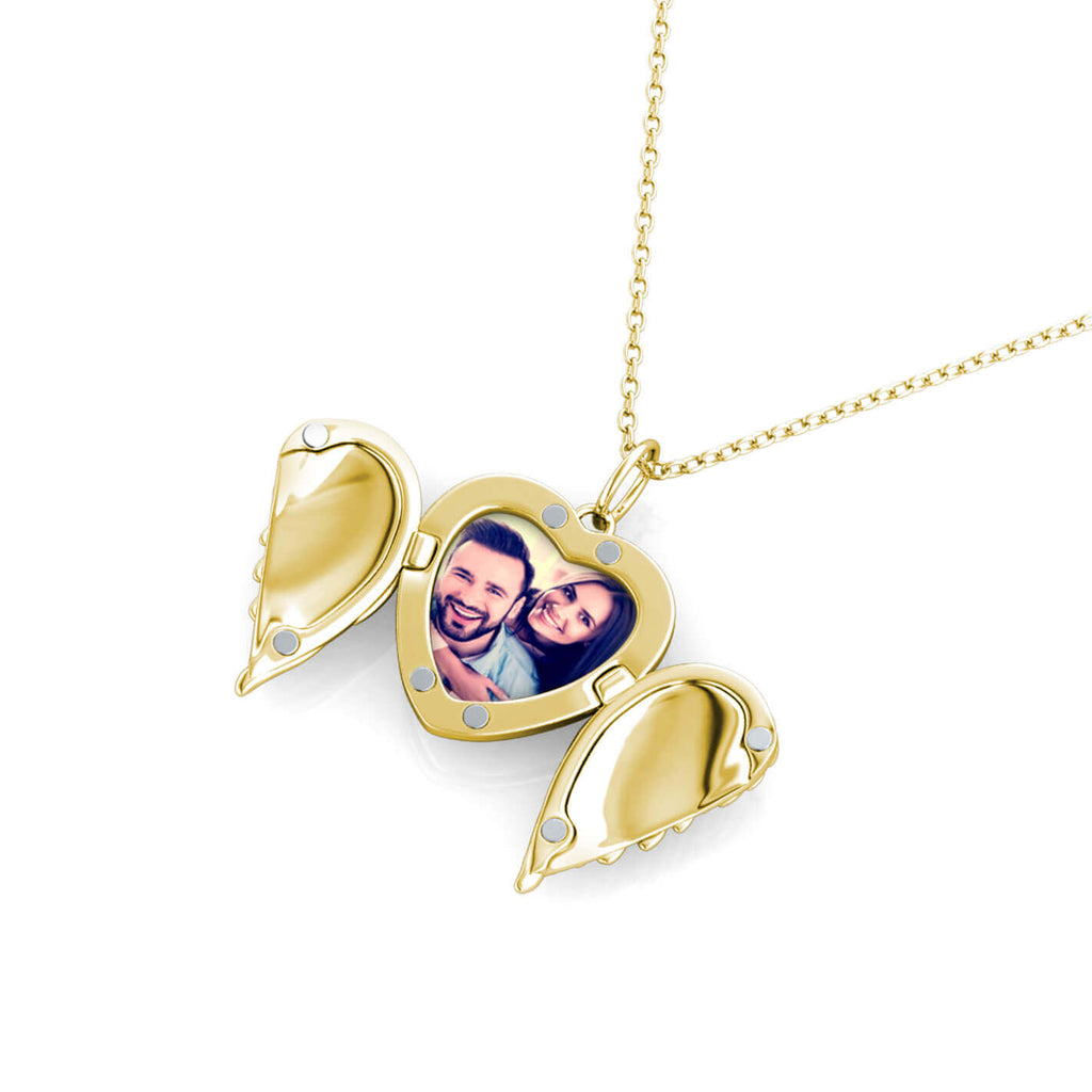 Personalised Angel Wings Photo Heart Locket Necklace with Picture Inside Gold