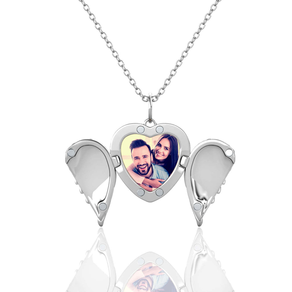 Personalised Angel Wings Photo Heart Locket Necklace with Picture Inside Sterling Silve