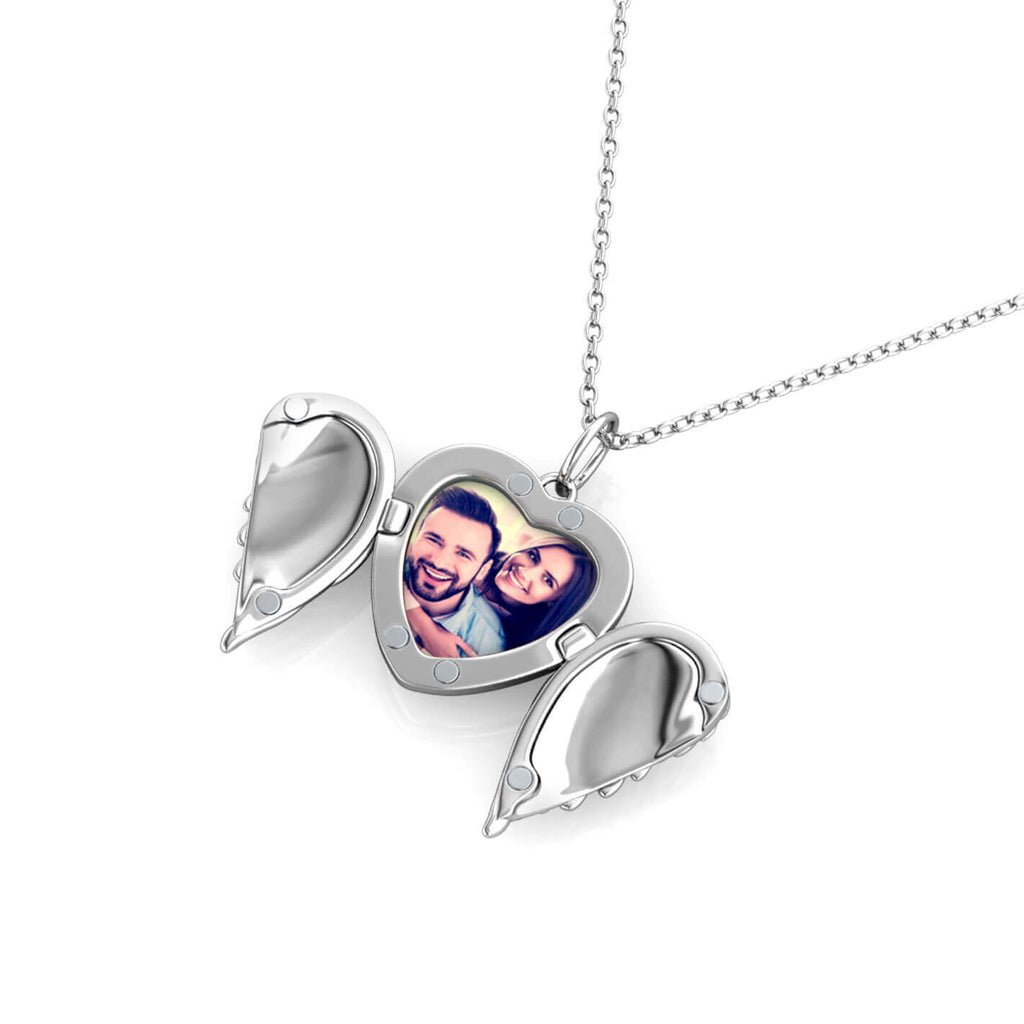 Personalised Angel Wings Photo Heart Locket Necklace with Picture Inside Sterling Silve