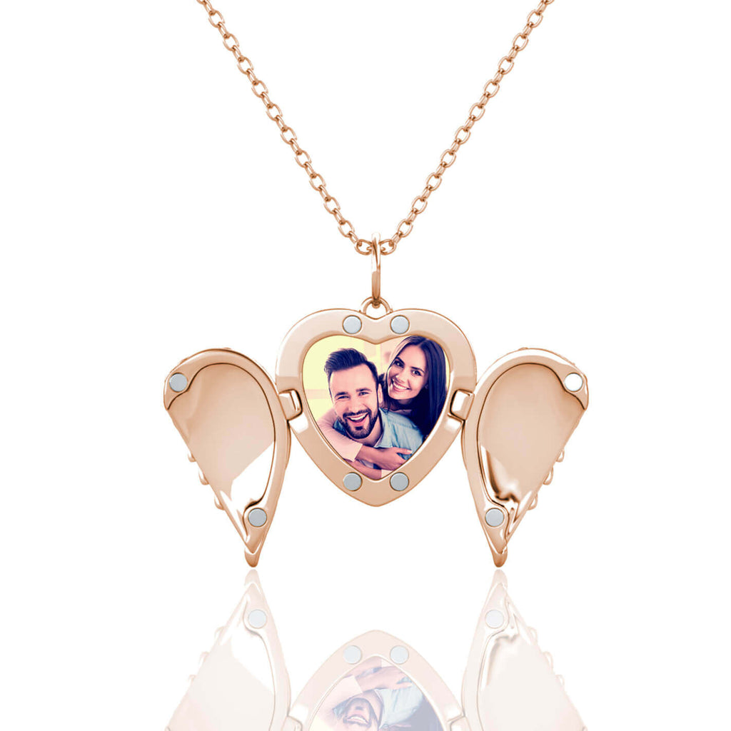 Personalised Angel Wings Photo Heart Locket Necklace with Picture Inside Rose Gold