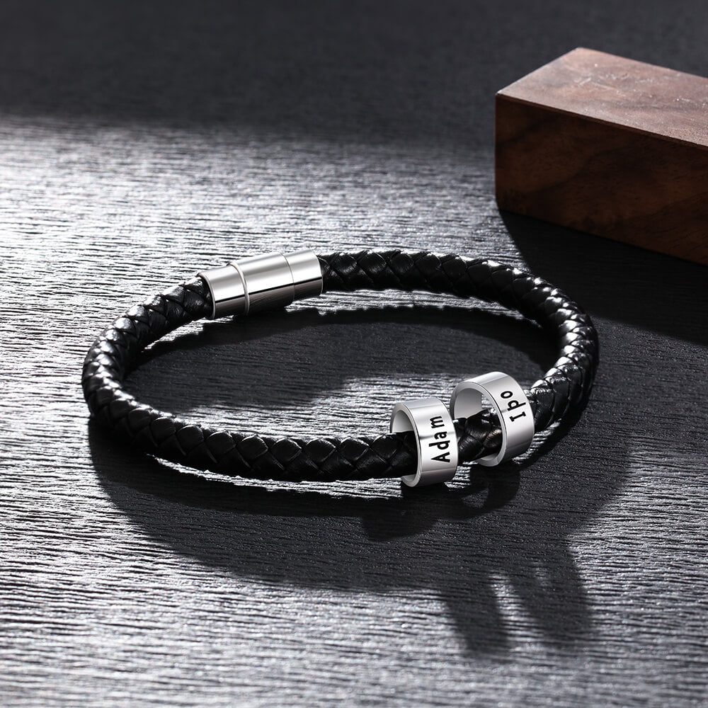 Personalised Men's Black Leather Bracelet - Men's Engraved 2 Names Bracelet - Sterling Silver Beads