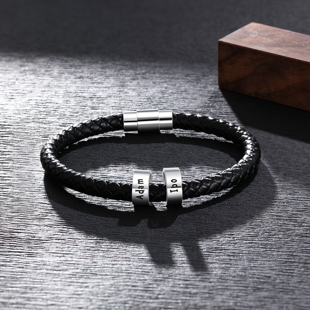 Personalised Men's Black Leather Bracelet - Men's Engraved 2 Names Bracelet - Sterling Silver Beads