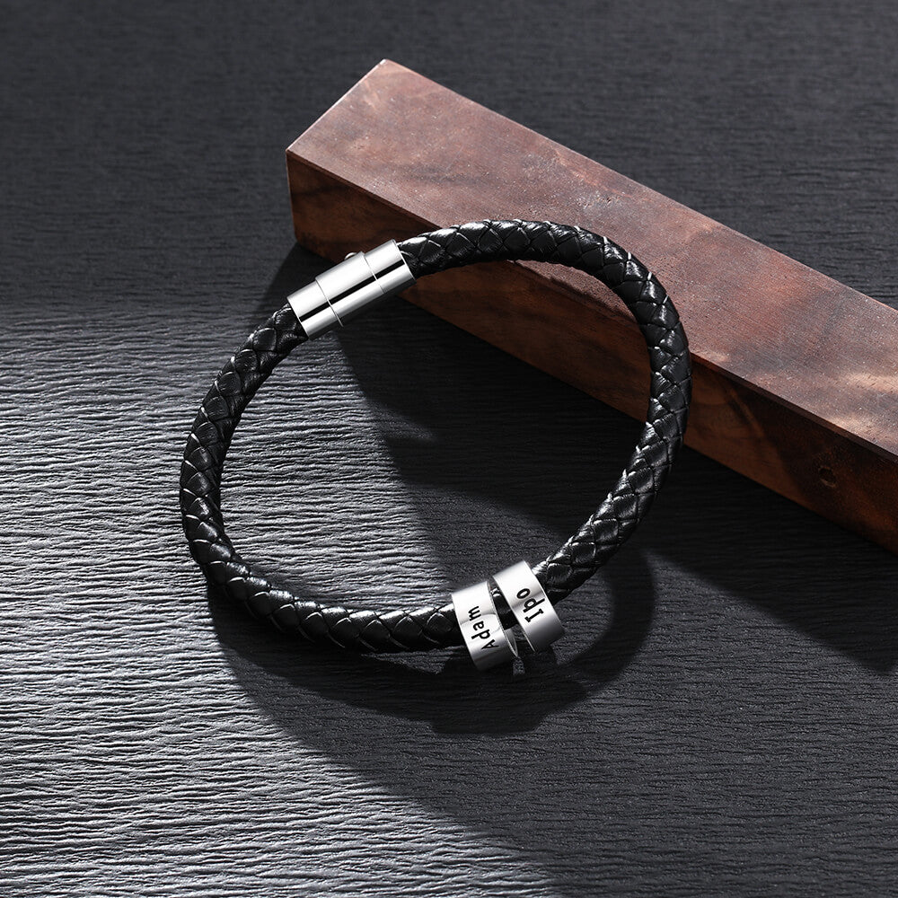 Personalised Men's Black Leather Bracelet - Men's Engraved 2 Names Bracelet - Sterling Silver Beads