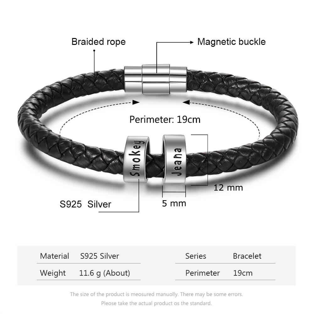 Personalised Men's Black Leather Bracelet - Men's Engraved 2 Names Bracelet - Sterling Silver Beads