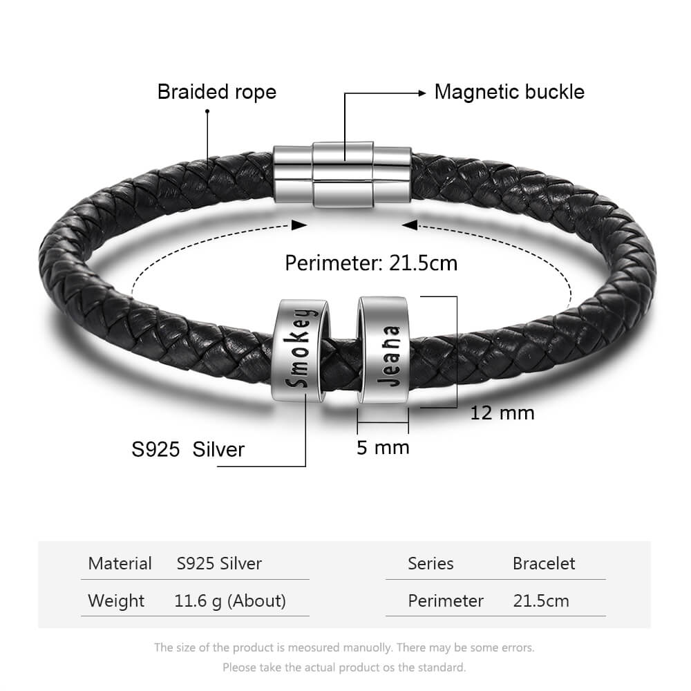 Personalised Men's Black Leather Bracelet - Men's Engraved 2 Names Bracelet - Sterling Silver Beads