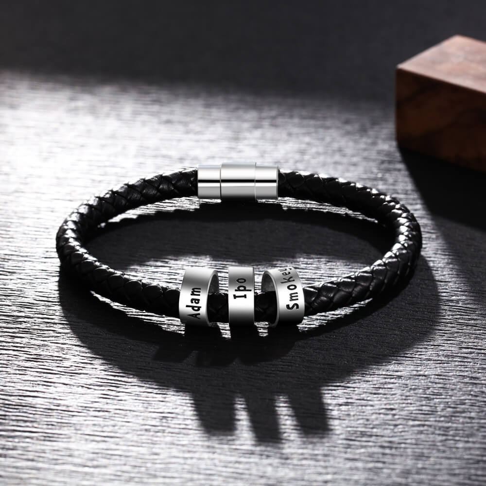 Personalised Men's Black Leather Bracelet - Men's Engraved 3 Names Bracelet - Sterling Silver Beads