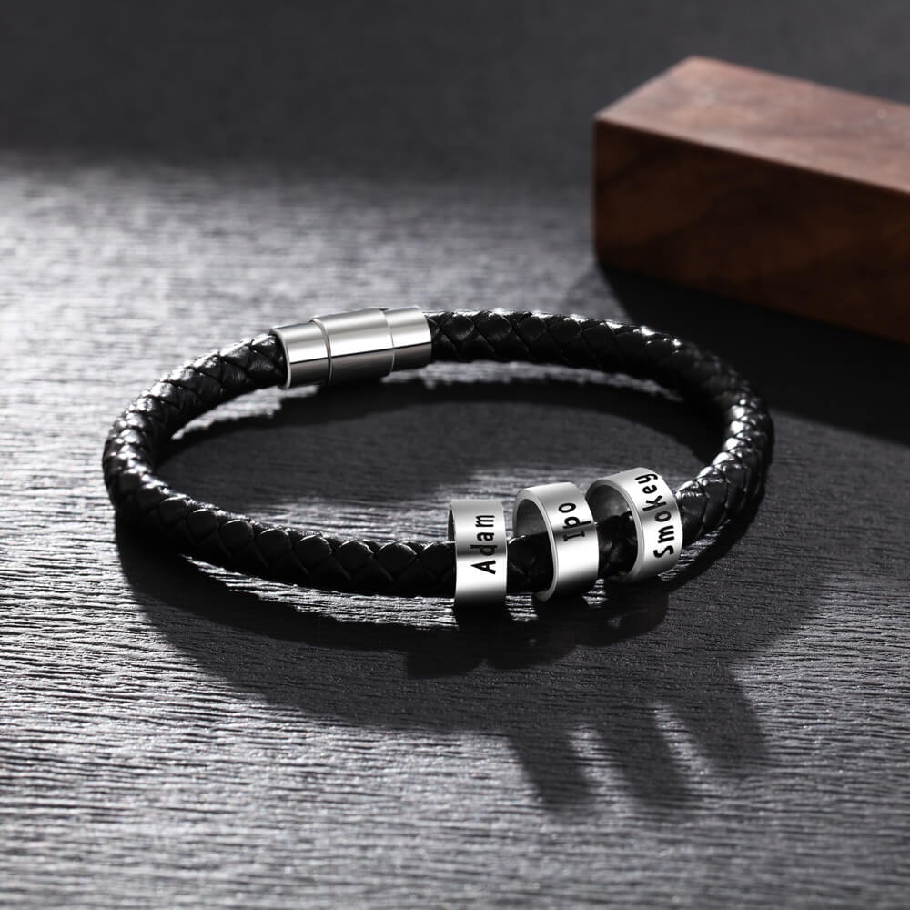 Personalised Men's Black Leather Bracelet - Men's Engraved 3 Names Bracelet - Sterling Silver Beads